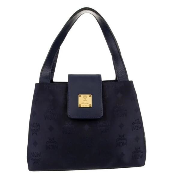 MCM Navy Blue Signature Jacquard and Leather Gold Hardware Satchel (MCXX161) - Picture 1 of 6